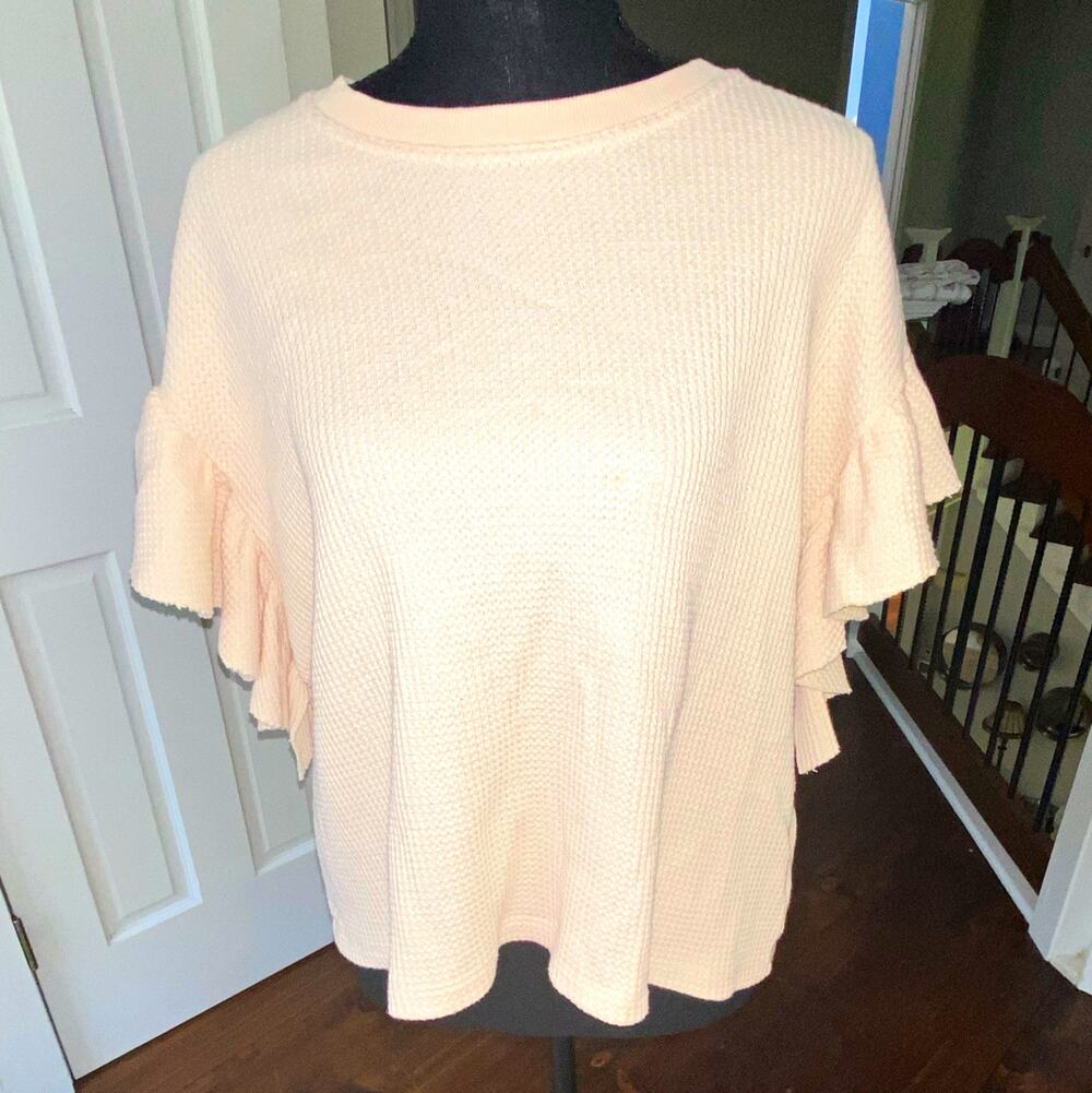 wishlist Women’s Beige Waffle Knit Top S Crew Neck Short Ruffle Sleeve Pullover